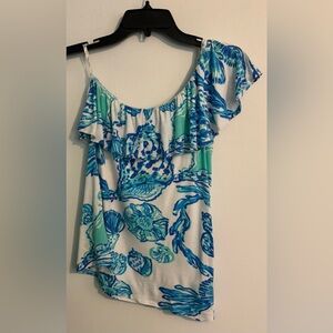 Lilly Pulitzer Womens XS Neveah Top Resort White Barefoot Princess Blue Shells